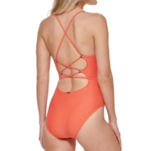 Tommy Hilfiger Crisscross-Back Tie-Belt One-Piece Swimsuit Emberglow Orange 12 - Picture 7 of 14